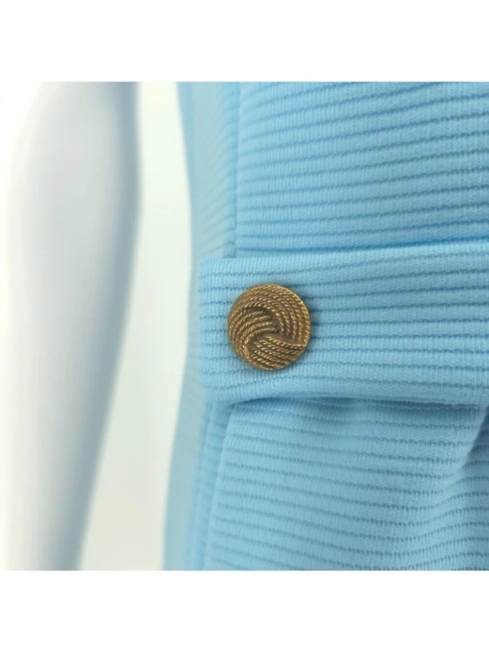 Vintage 1960s Blue Dacron Ribbed Knit Sleeveless Mock Neck Mod Mini Dress (M)